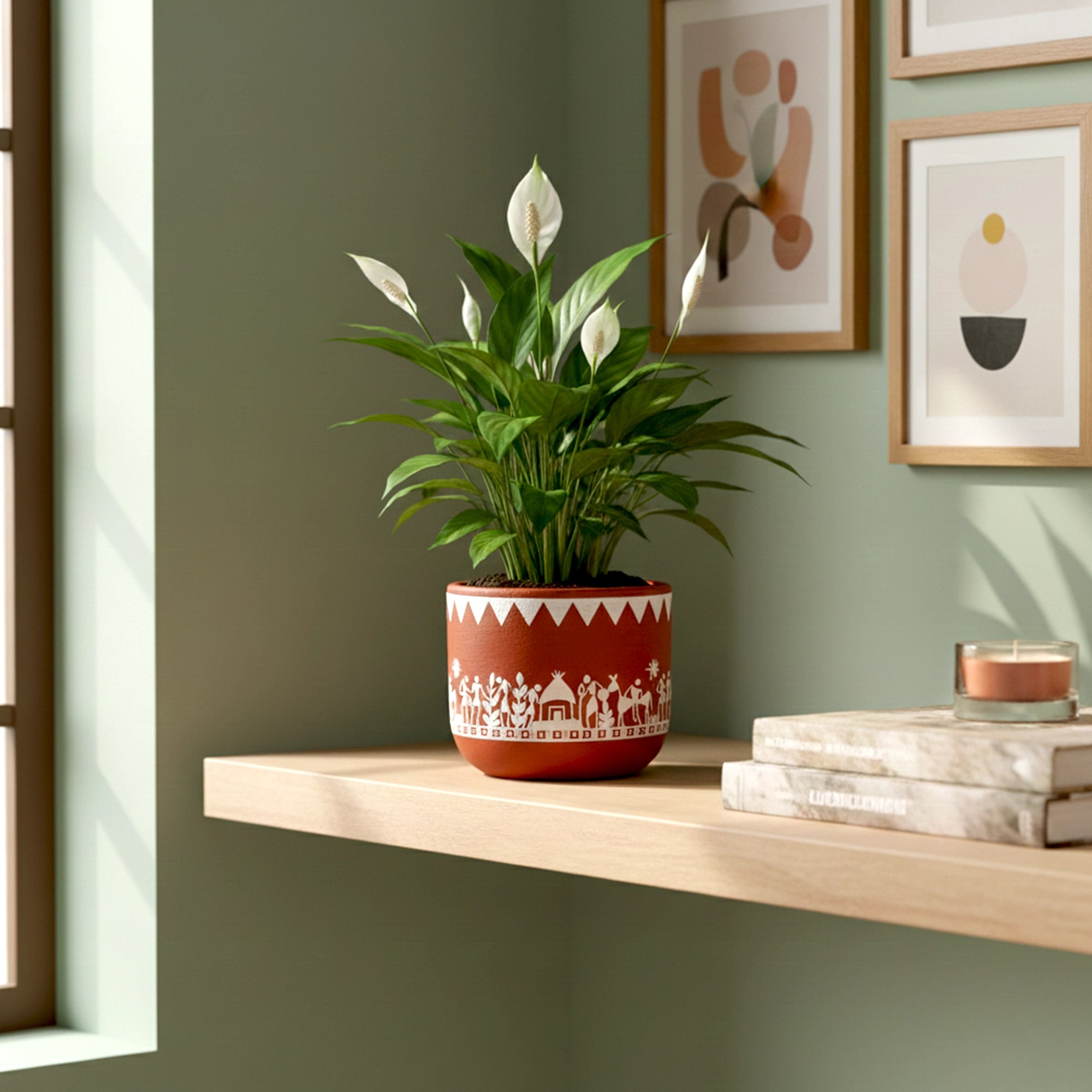 Virasat Terracotta Pot – Hand-Painted Tribal Design Planter for Indoor & Tabletop Plants shelves 