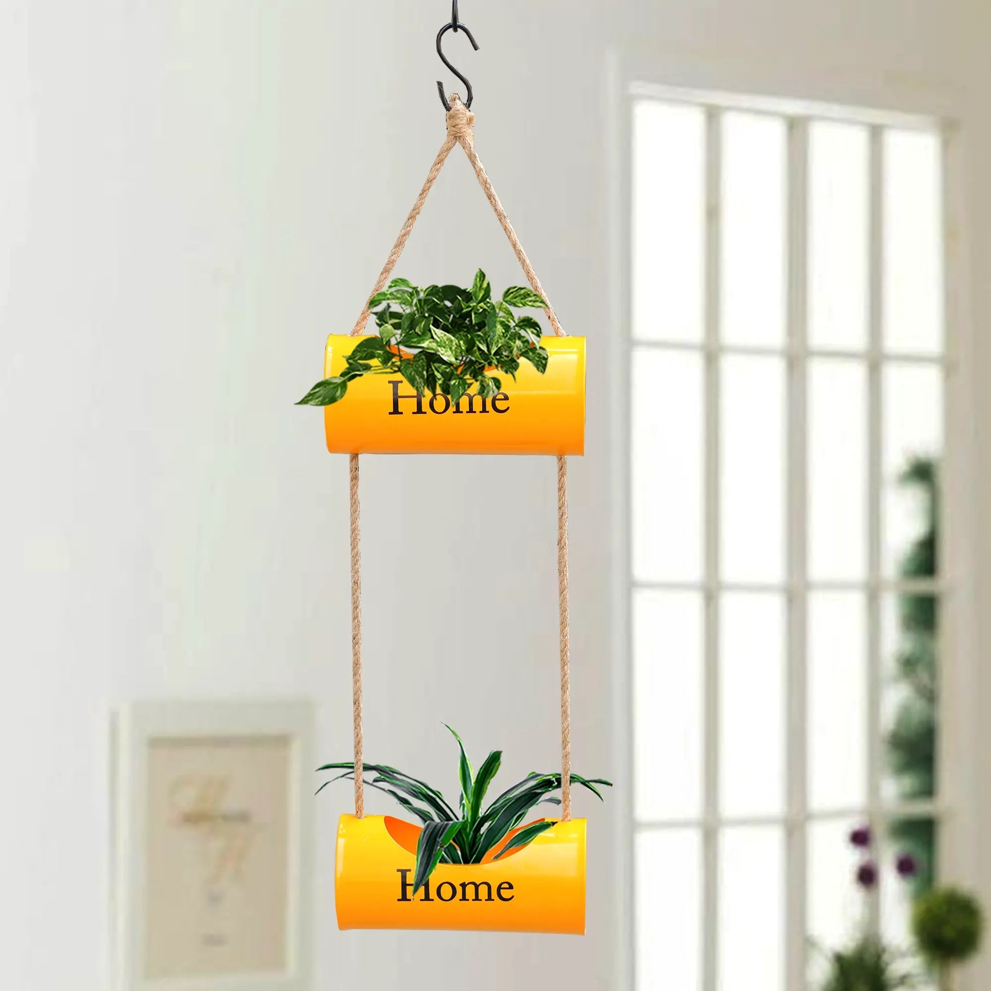 Two-Tiered Indoor Hanging Metal Planter with Jute Ropes (Yellow) Hanging Decor Urban Plant 