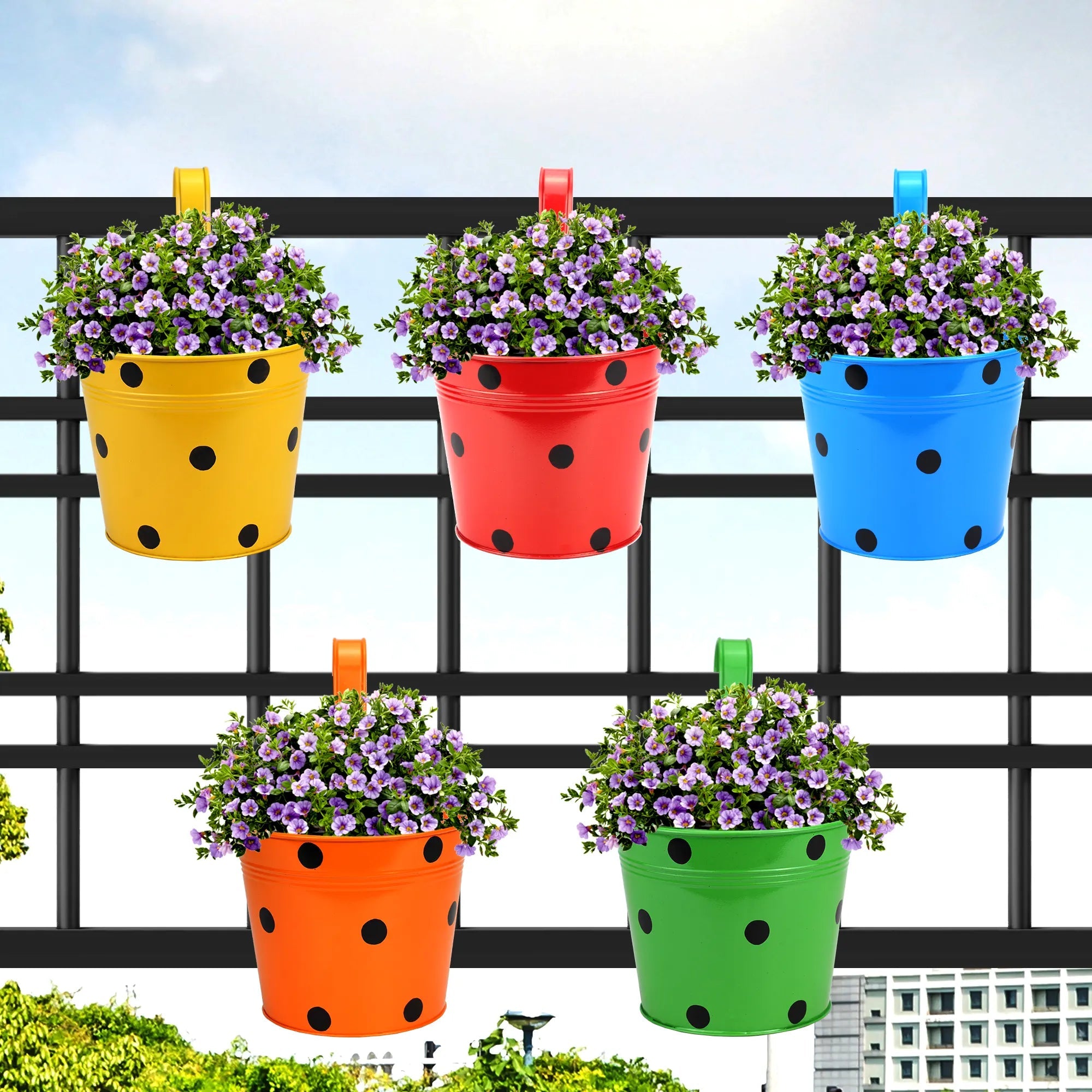 Round Shape Railing, Balcony Hanging Dotted Metal Planters (Multicolored) (Set of 5) Hanging Decor Urban Plant 