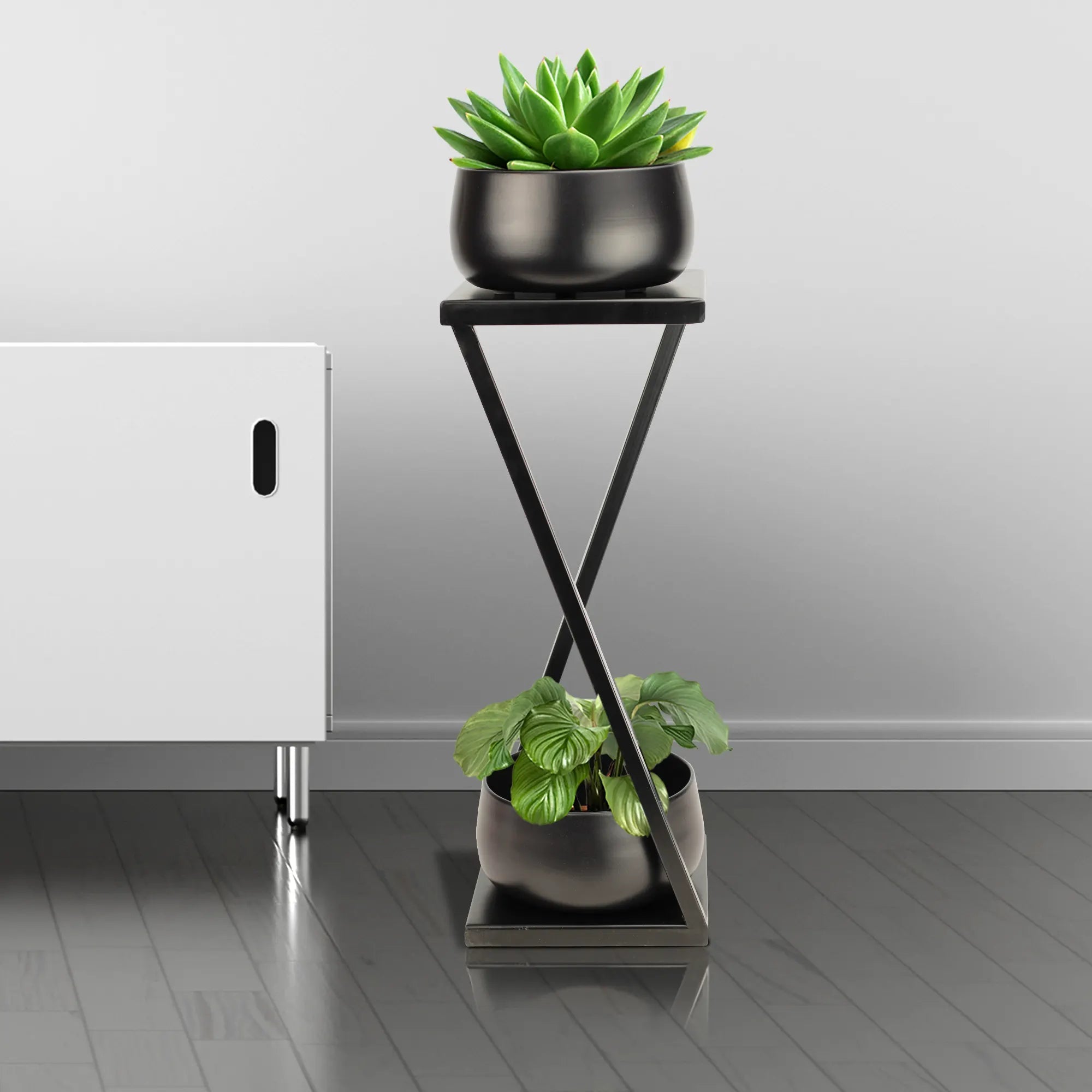 Elegant Z Planter Stand with 2 Pots for Office / Home Decor Urban Plant Black 