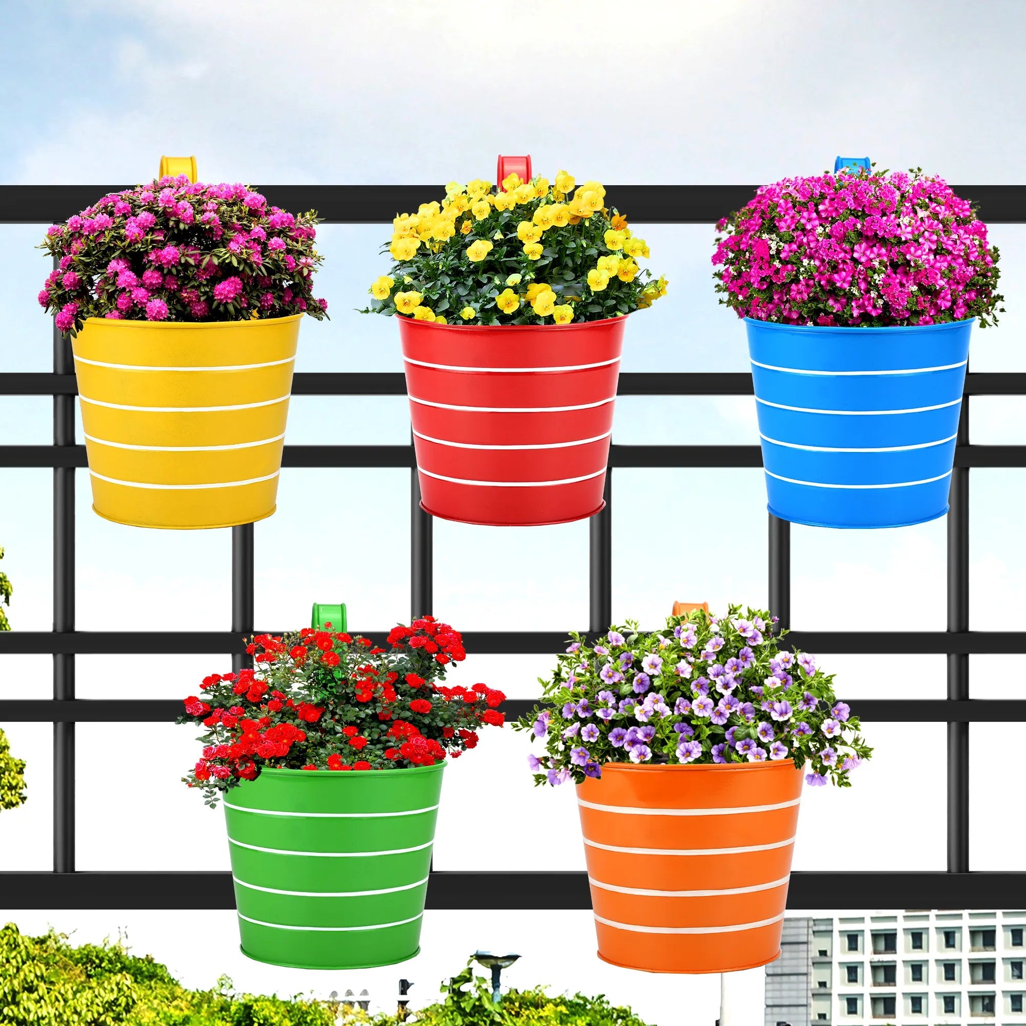 Colorful Round Shape Railing, Balcony Hanging Metal Planters (Multicolored) (Set of 5) Urban Plant 