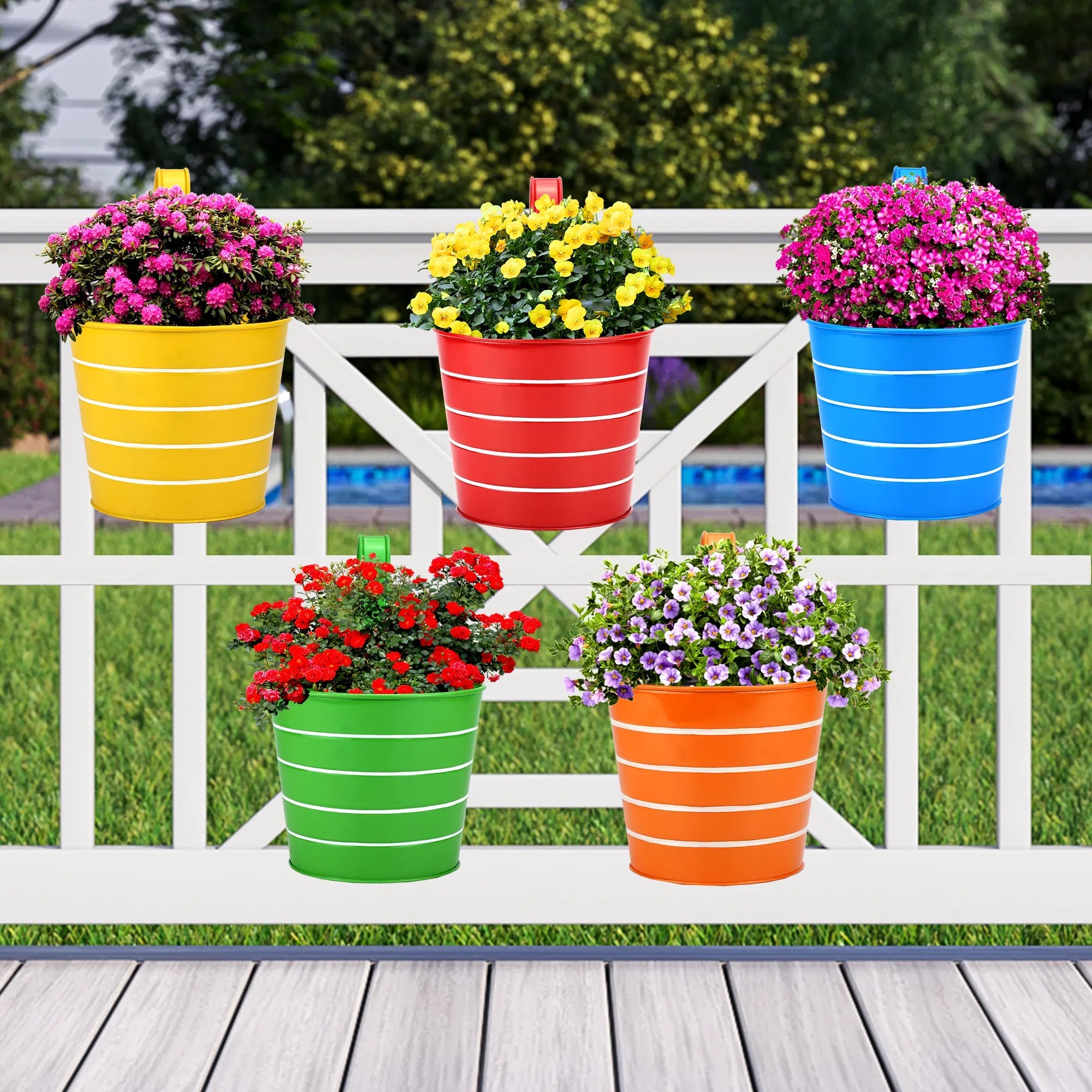 Colorful Round Shape Railing, Balcony Hanging Metal Planters (Multicolored) (Set of 5) Urban Plant 