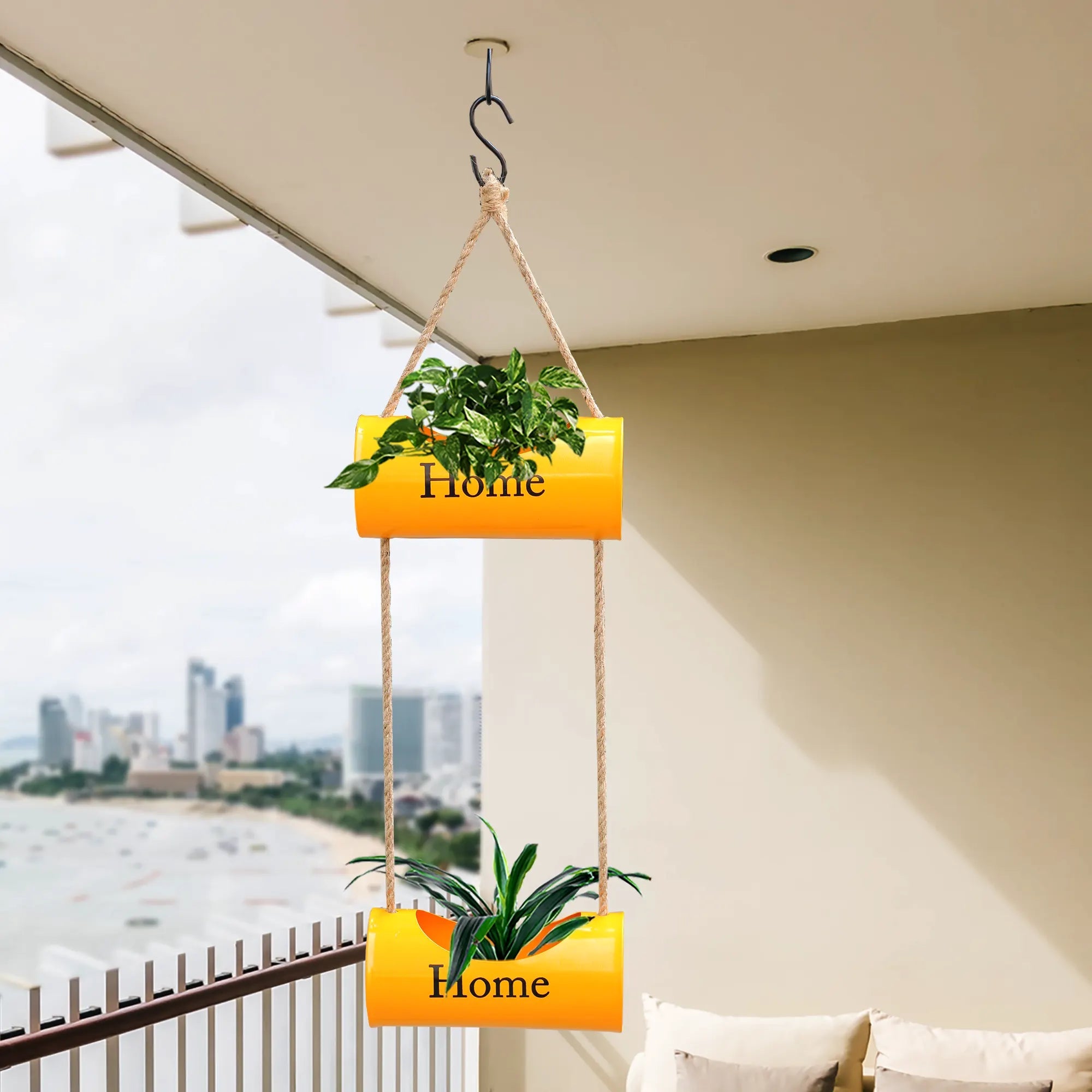 Two-Tiered Indoor Hanging Metal Planter with Jute Ropes (Yellow) Hanging Decor Urban Plant 