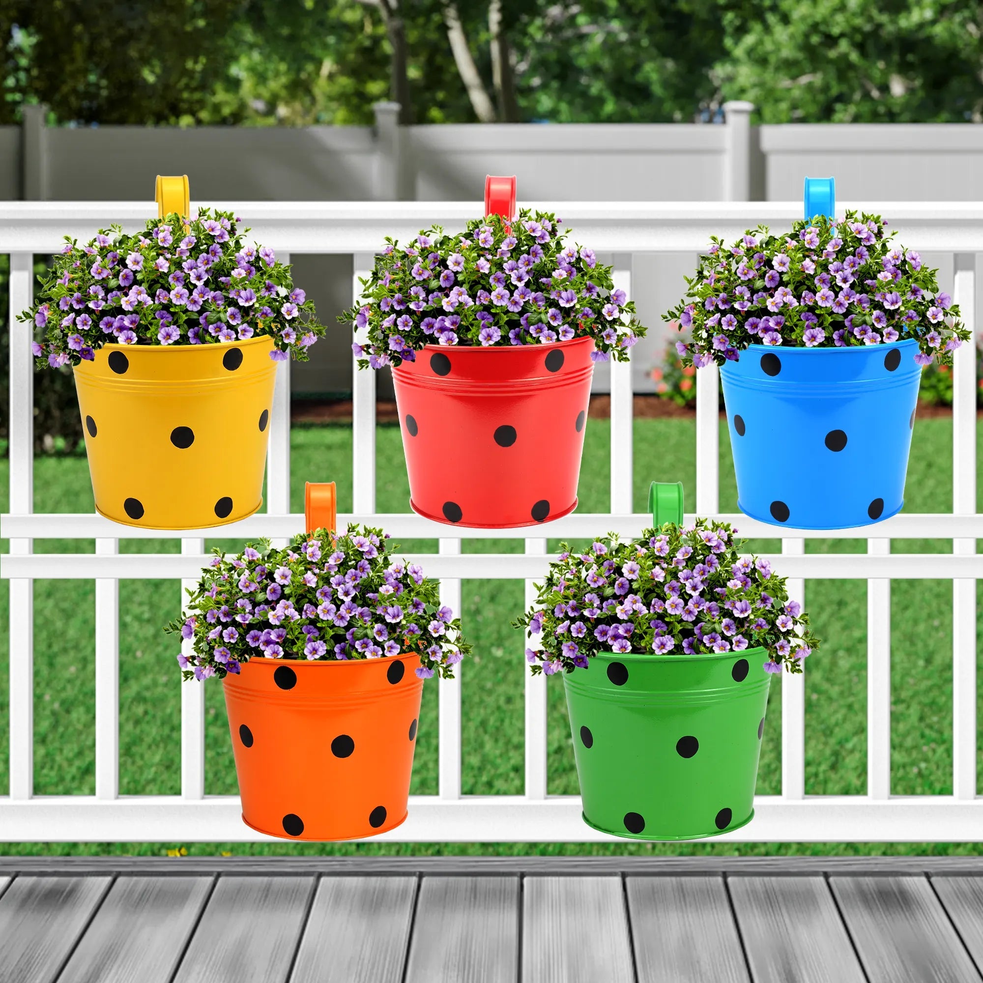 Round Shape Railing, Balcony Hanging Dotted Metal Planters (Multicolored) (Set of 5) Hanging Decor Urban Plant 