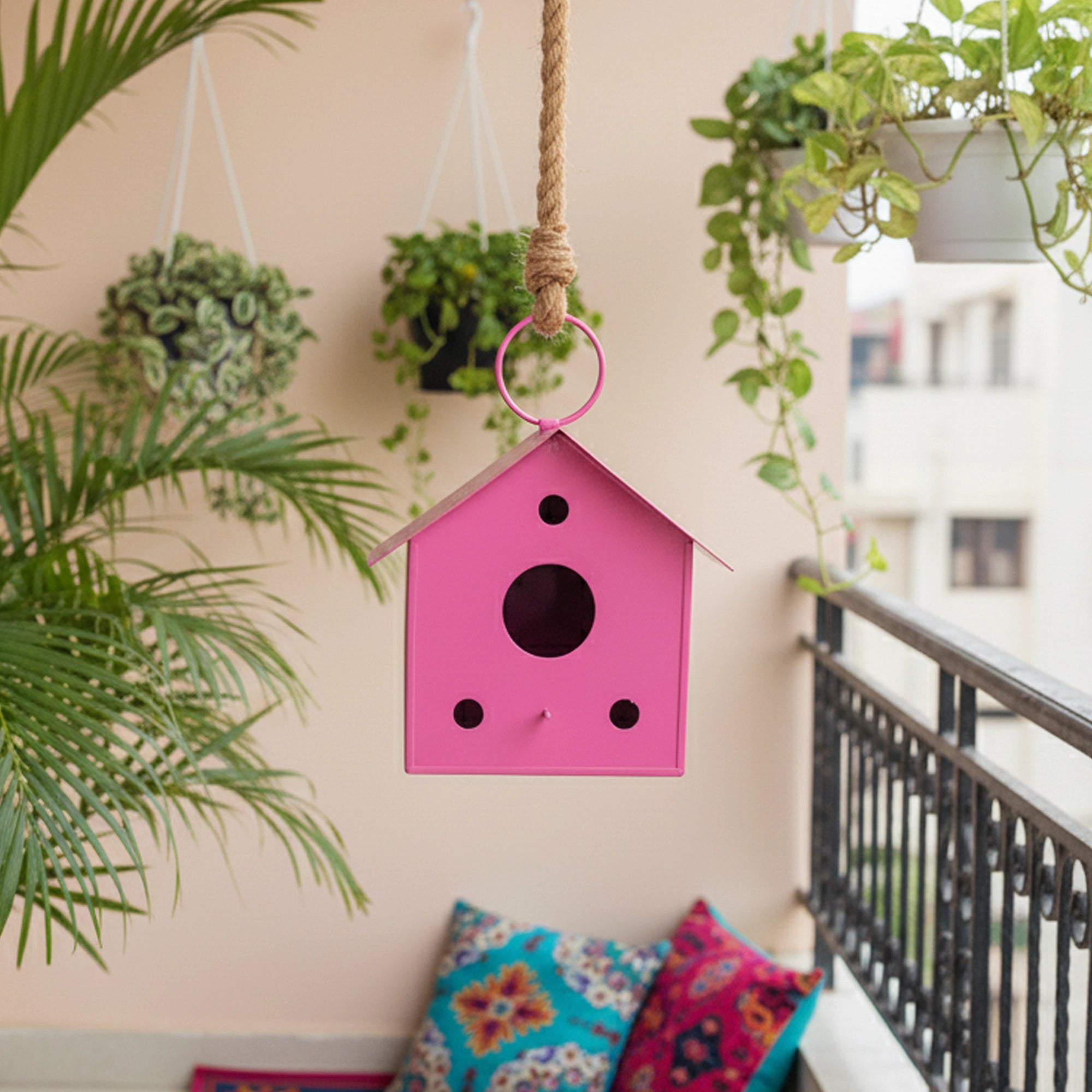 Urban Plant Metal Hanging Bird House (Pink color)