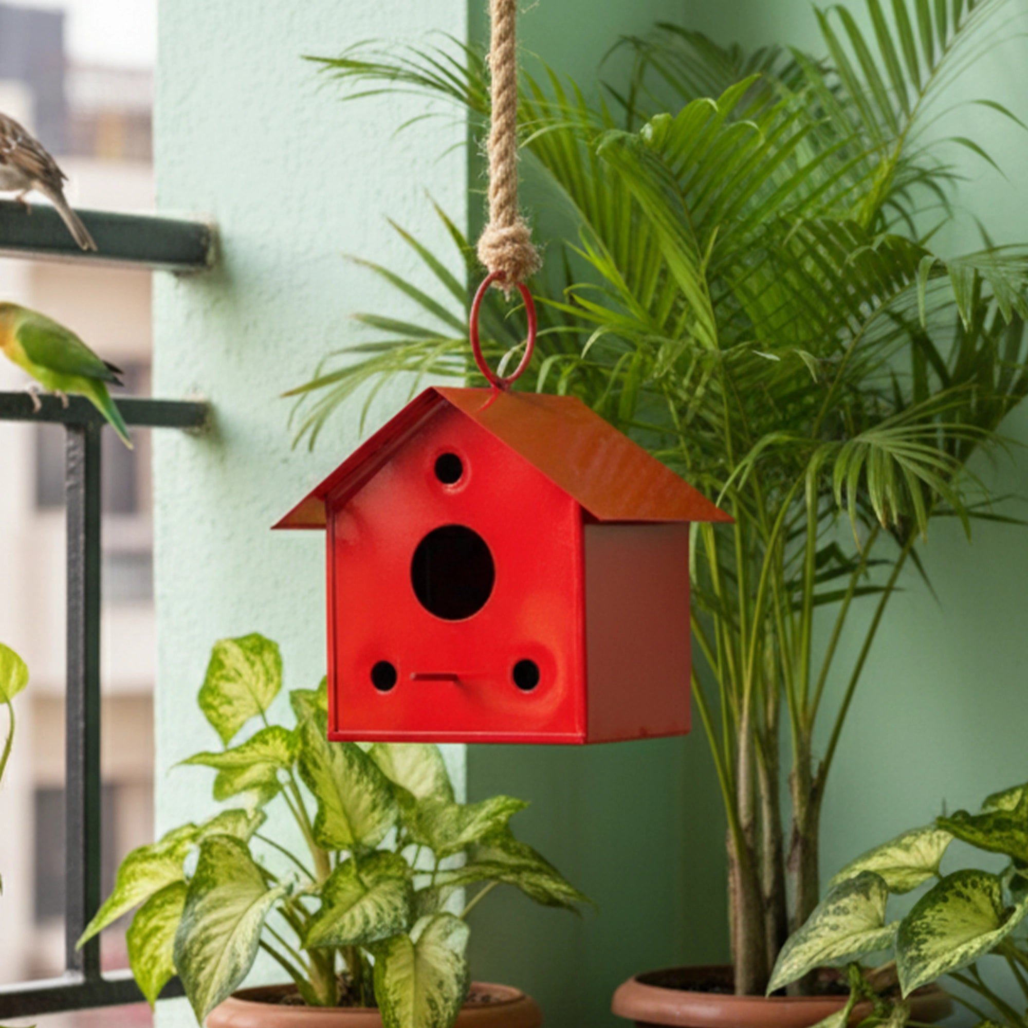Urban Plant Metal Hanging Bird House (Red color)