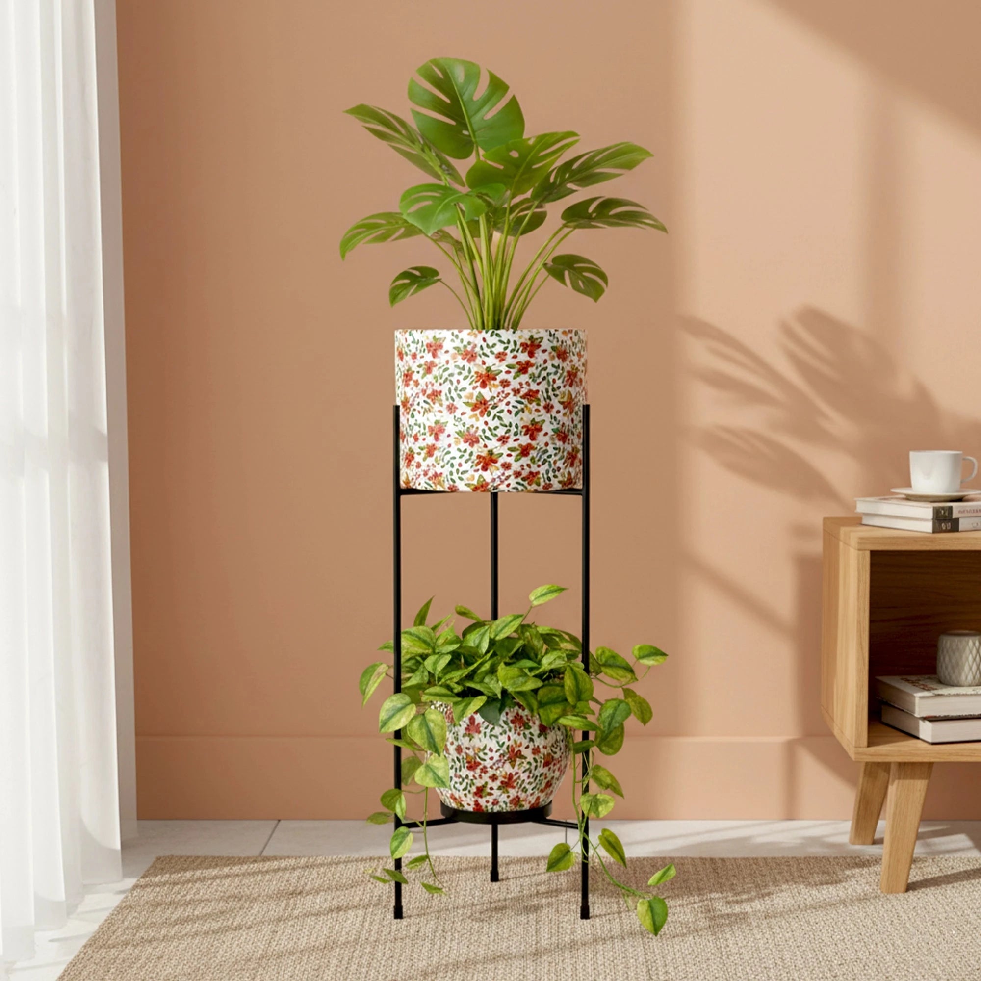 Vantira Planter with Stand Metal Planter Urban Plant Red Floral 