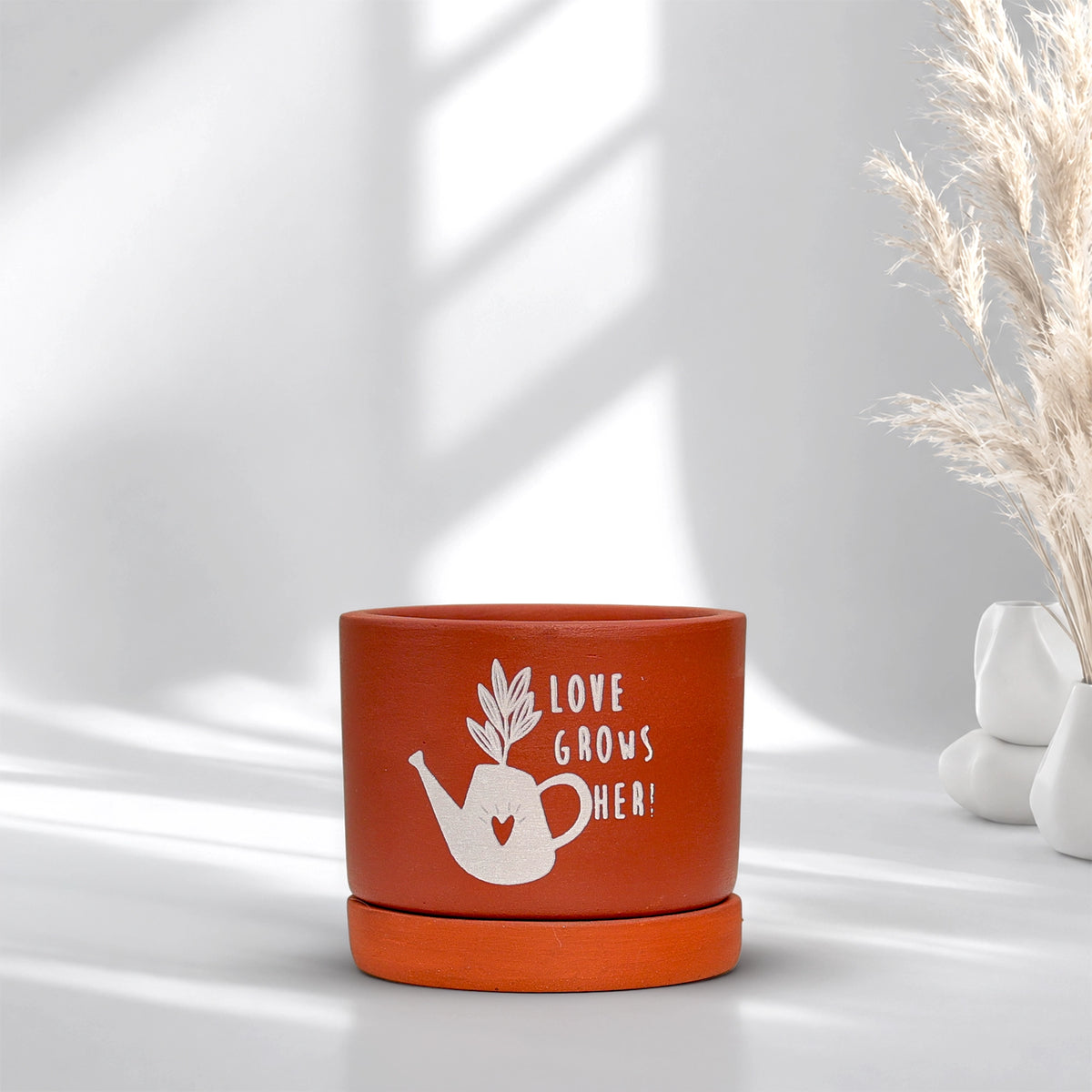 Joy Root Terracotta Pot with Saucer Pattern: Love Grows