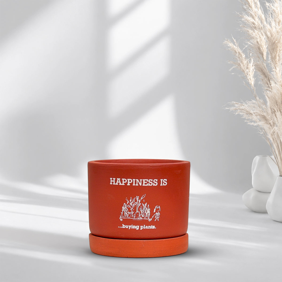 Joy Root Terracotta Pot with Saucer Pattern: Happy Plant