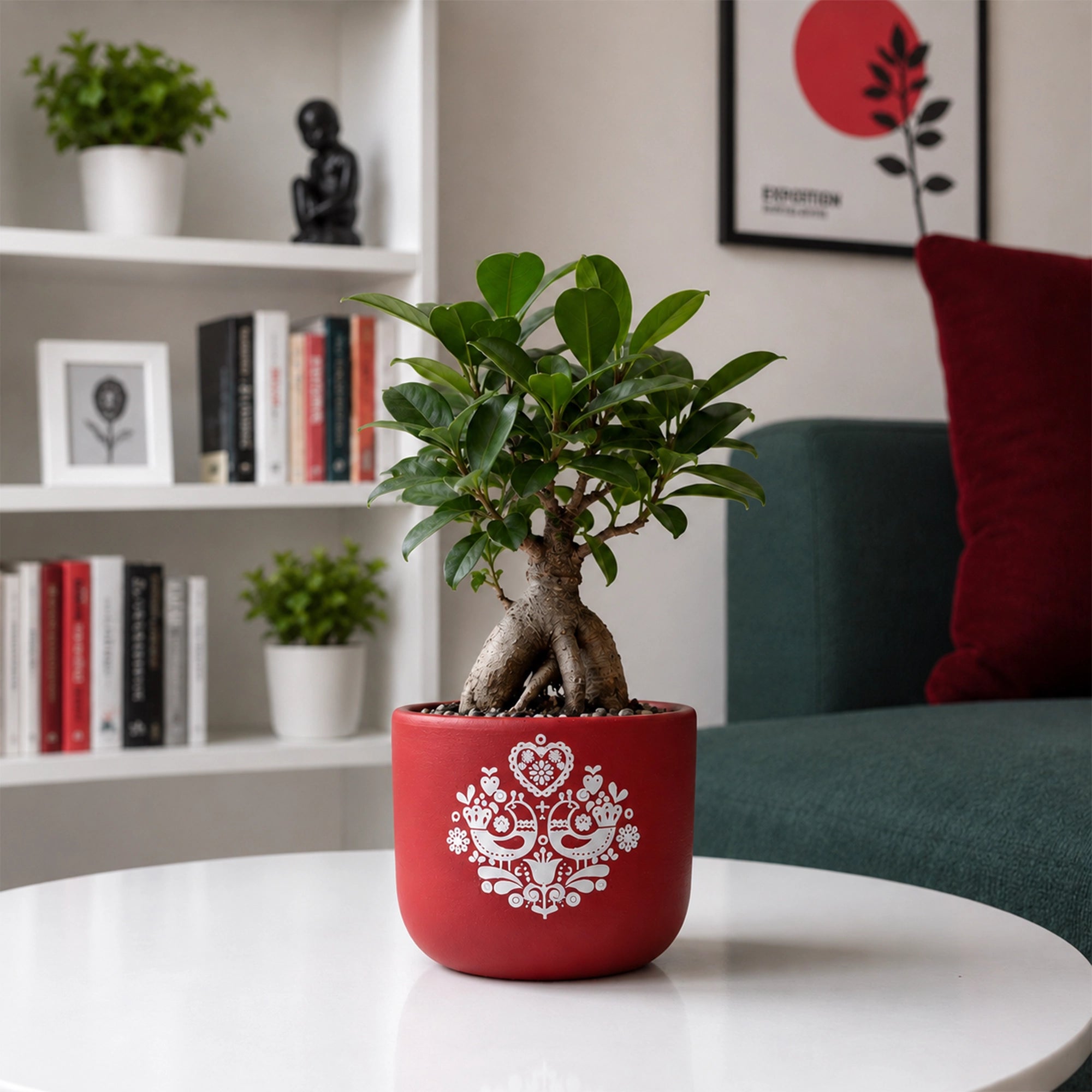 Folk Heart Terracotta Pot in red color with white folk heart and bird artwork by Urban Plant