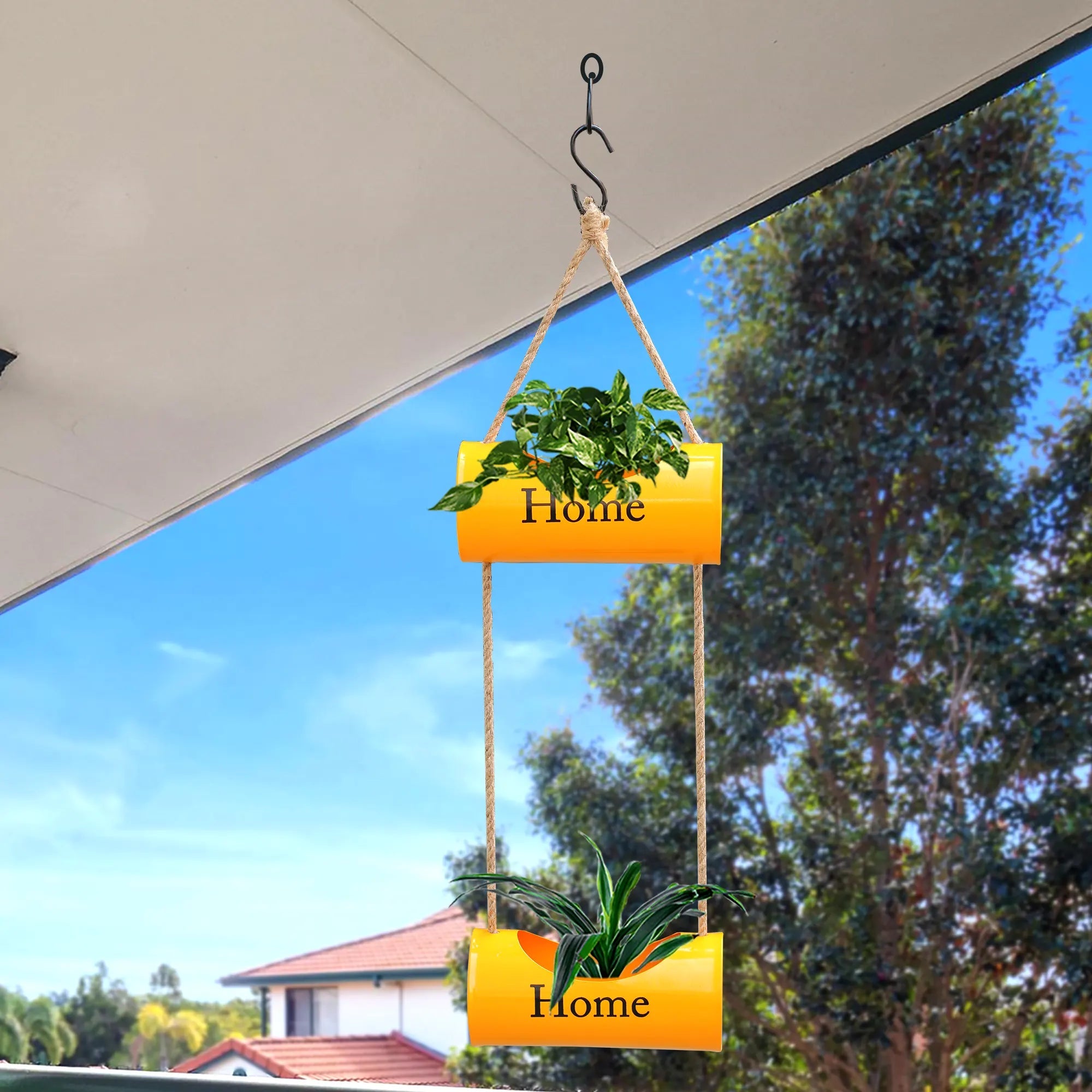 Two-Tiered Indoor Hanging Metal Planter with Jute Ropes (Yellow) Hanging Decor Urban Plant 