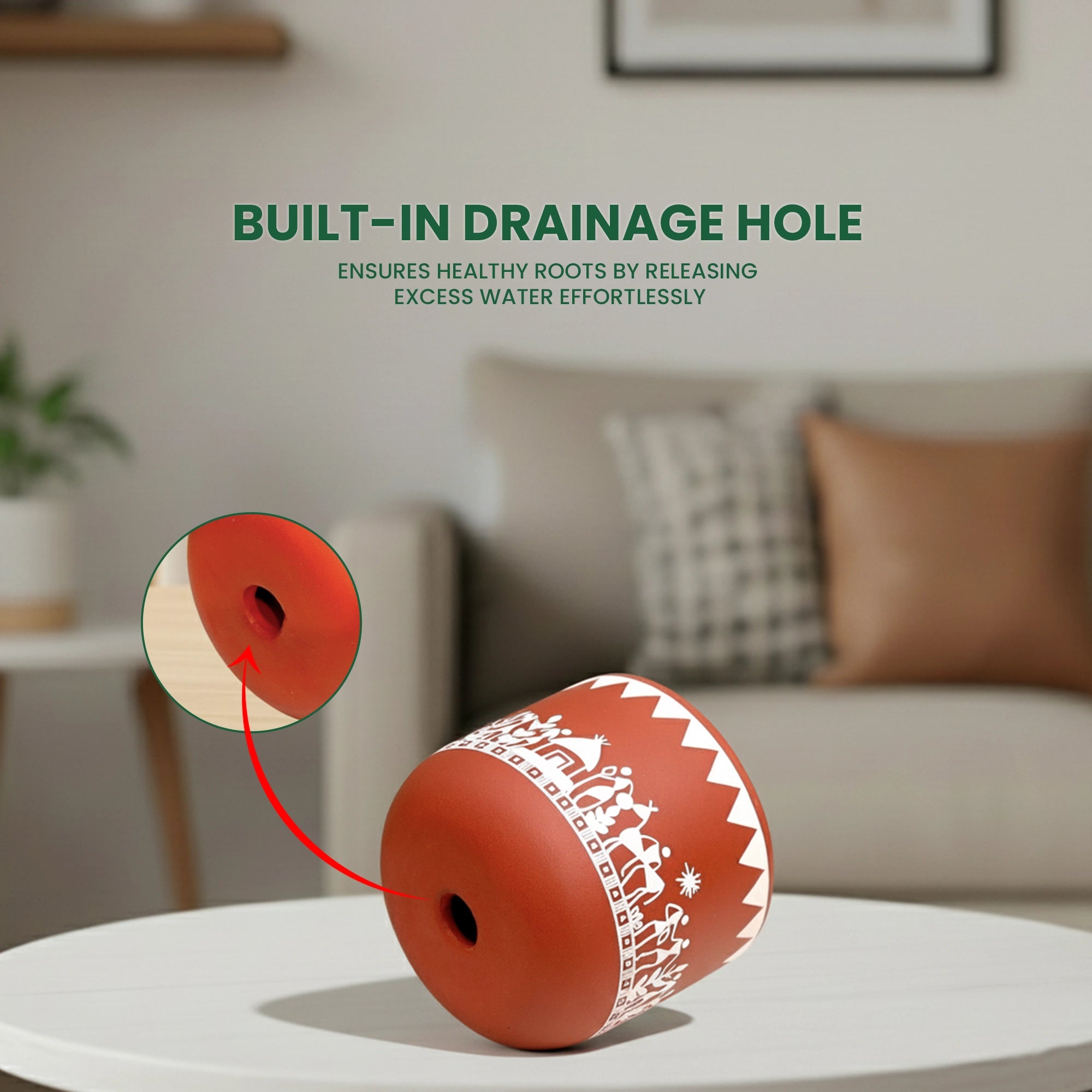Virasat Terracotta Pot – Hand-Painted Tribal Design Planter for Indoor & Tabletop Plants drainage hole