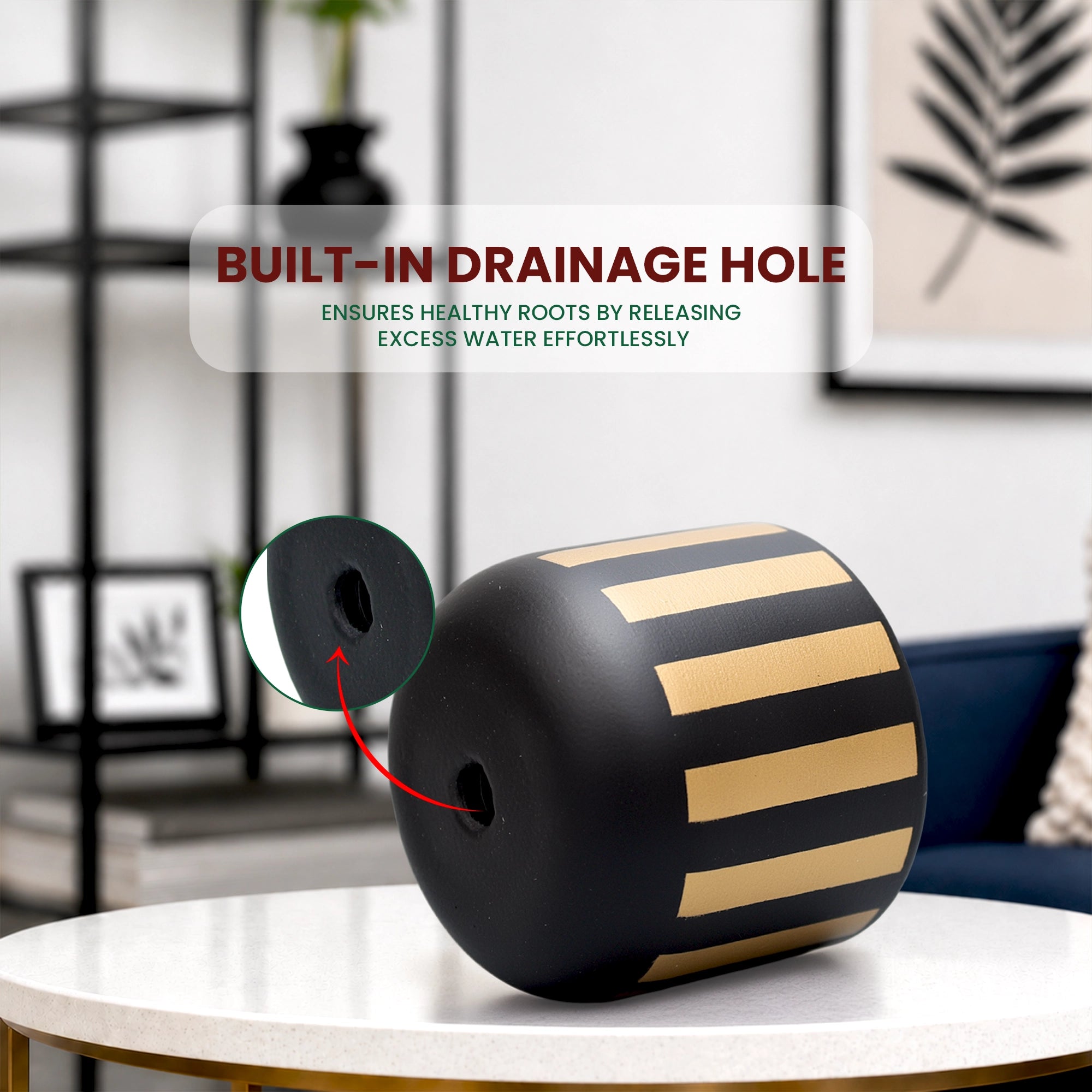 Neo Stripe Terracotta Pot in Black Gold with premium golden vertical stripe design by Urban Plant