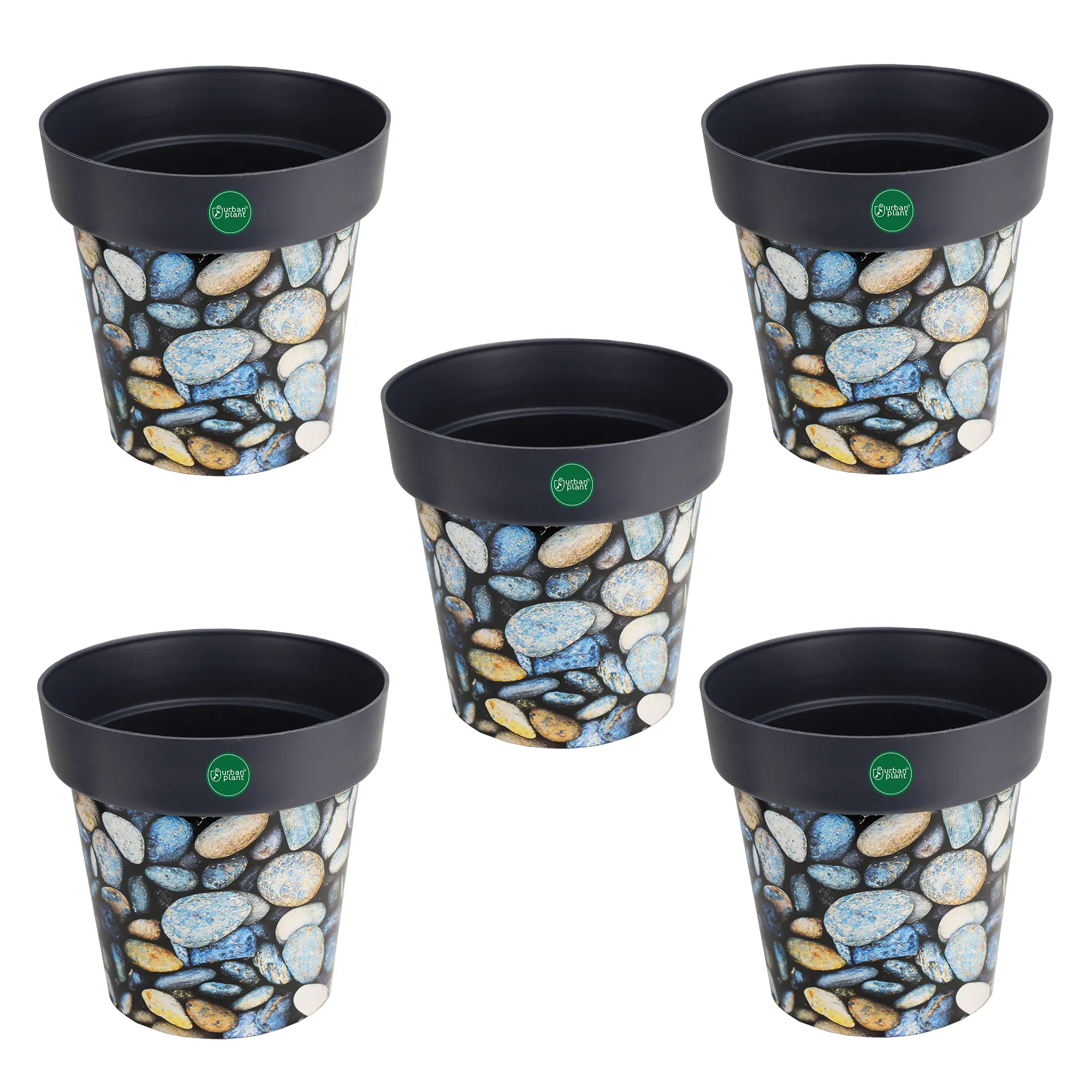 Urban Plant Printed Pots - Set of 5 (8 inch) Plastic Pot Urban Plant Grey Pebbles Set of 5 