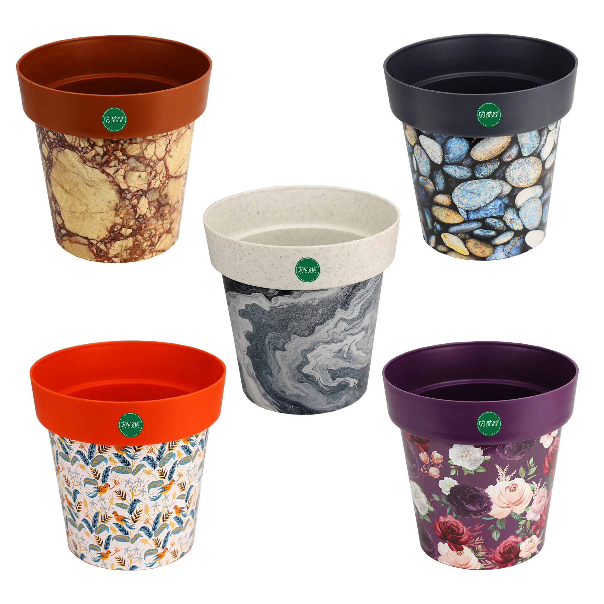 Urban Plant Printed Pots - Set of 5 (8 inch) Plastic Pot Urban Plant Multi Pattern Set of 5 
