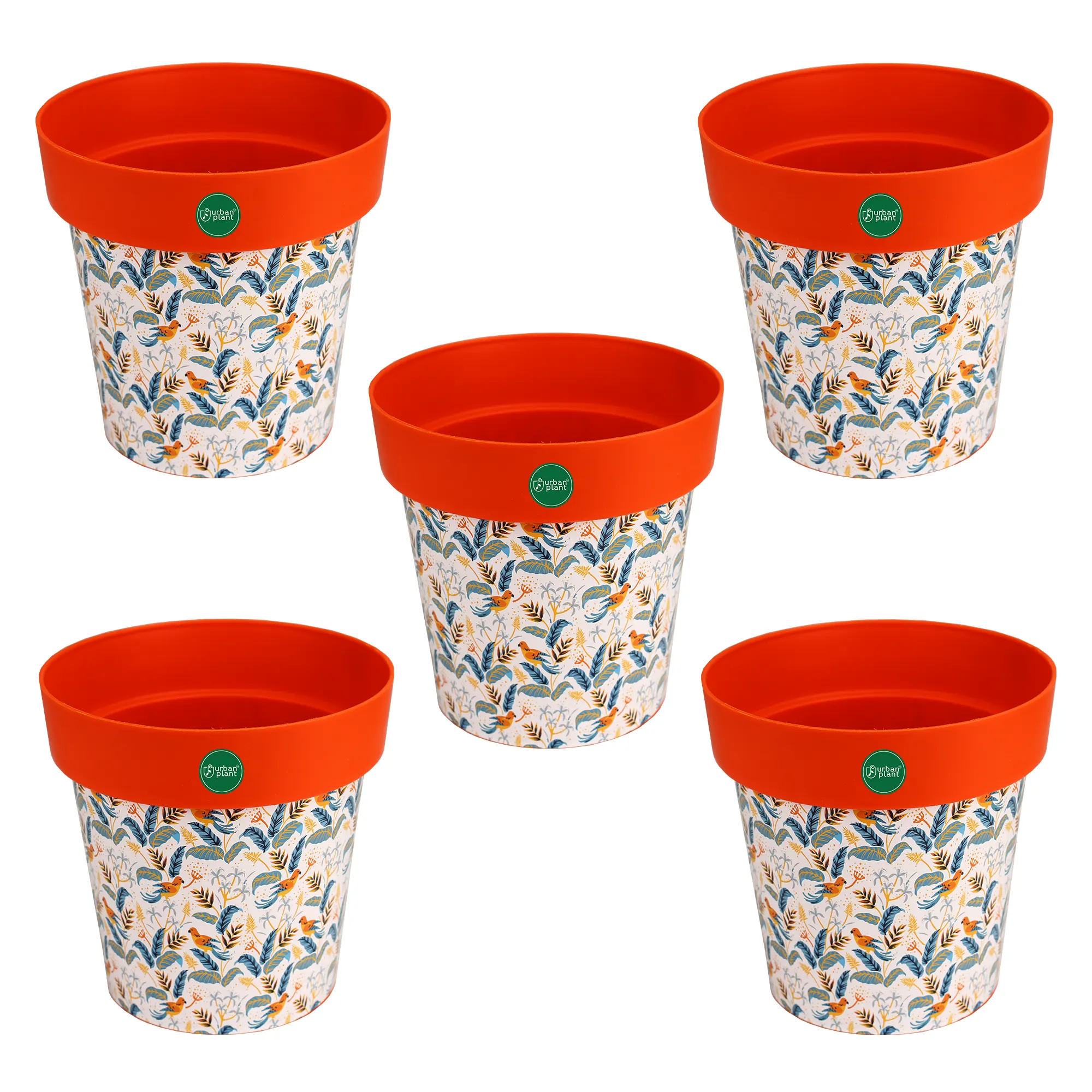 Urban Plant Printed Pots - Set of 5 (8 inch) Plastic Pot Urban Plant Orange Leafy Set of 5 
