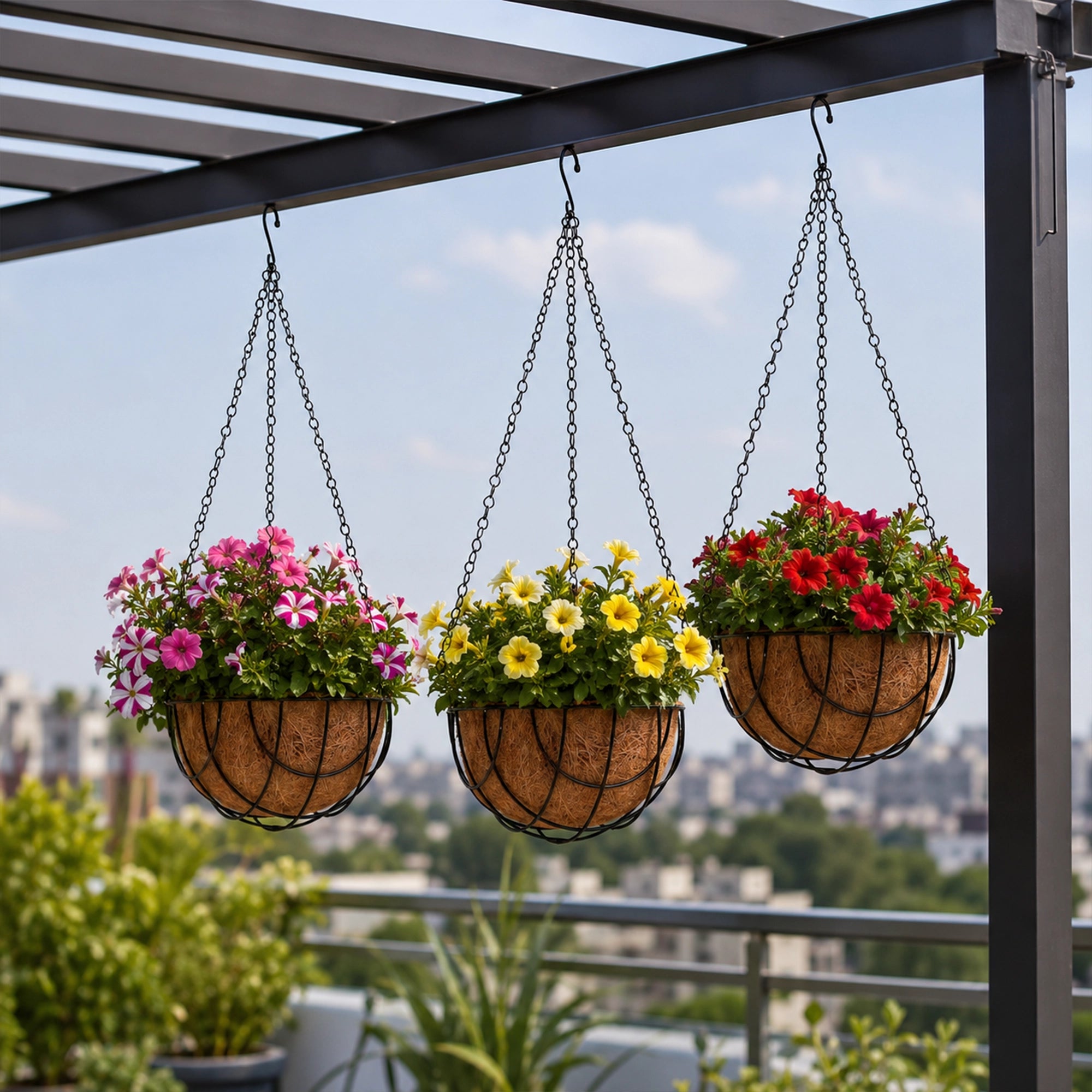 Hanging Coir Basket Planter with Metal Chain & S-Hook (Pack of 3)