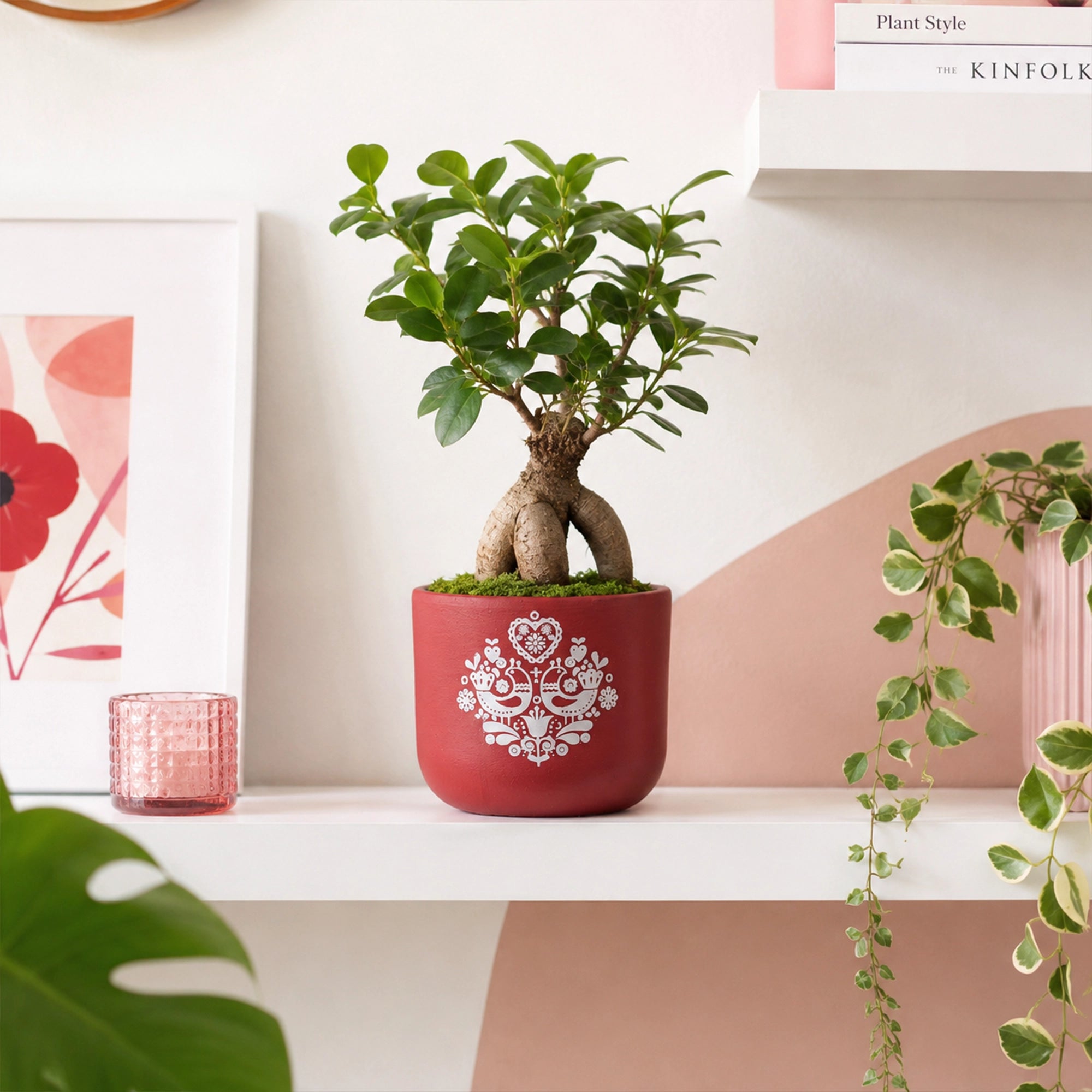 Folk Heart Terracotta Pot in red color with white folk heart and bird artwork by Urban Plant