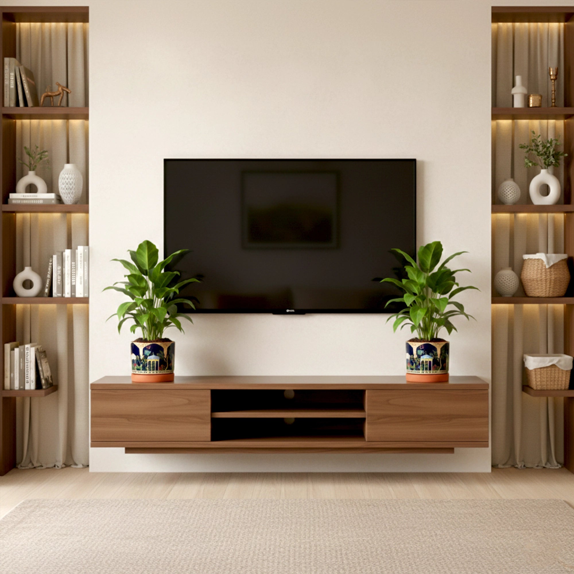 Riyasat 3D Print Terracotta Pot With Saucer place on TV cabinet