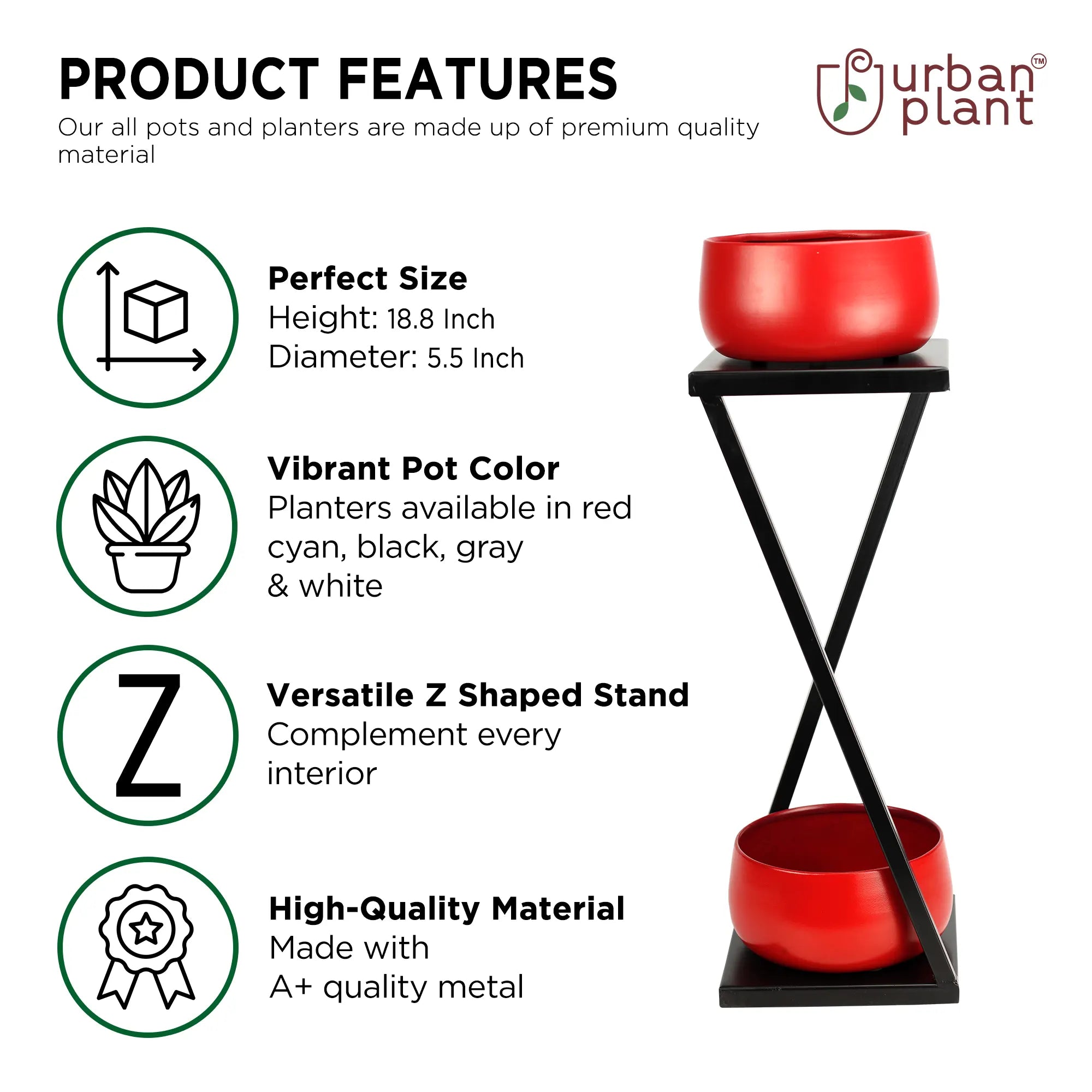 Elegant Z Planter Stand with 2 Pots for Office / Home Decor Urban Plant 