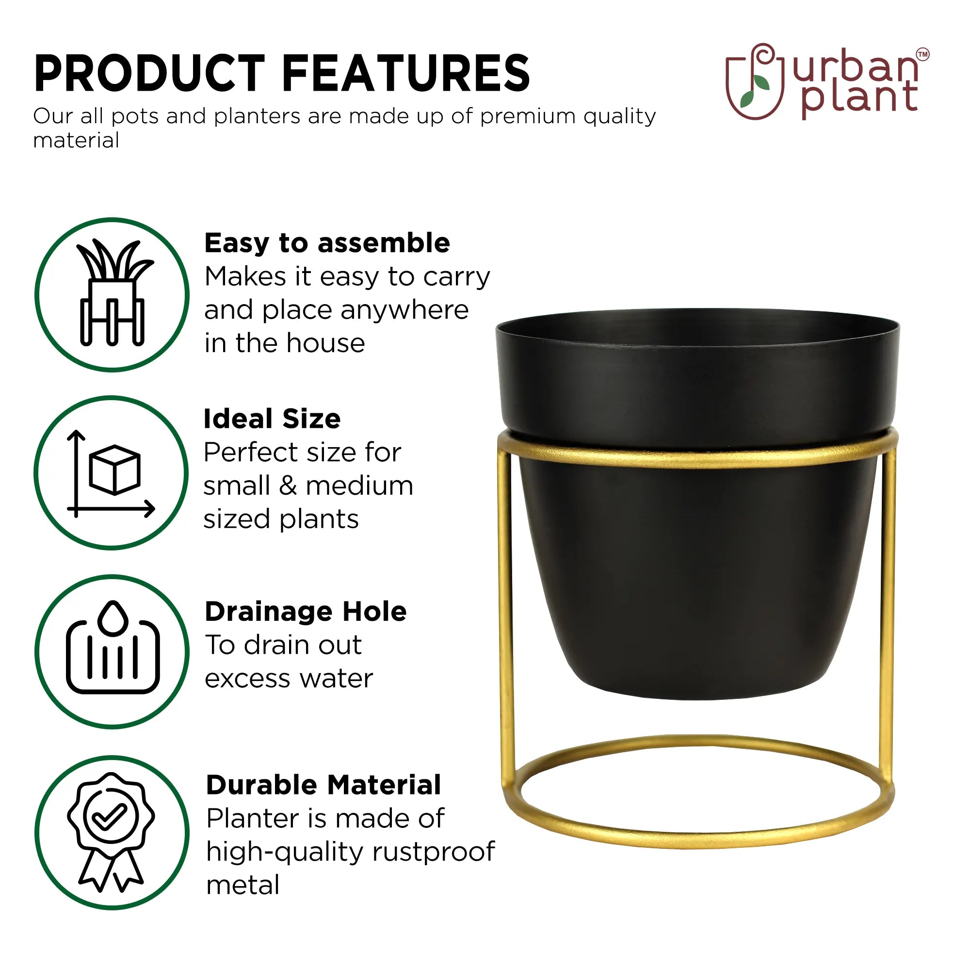 Classy Decorative Round Shape Black & White Metal Planter with Stand Metal Planter Urban Plant 
