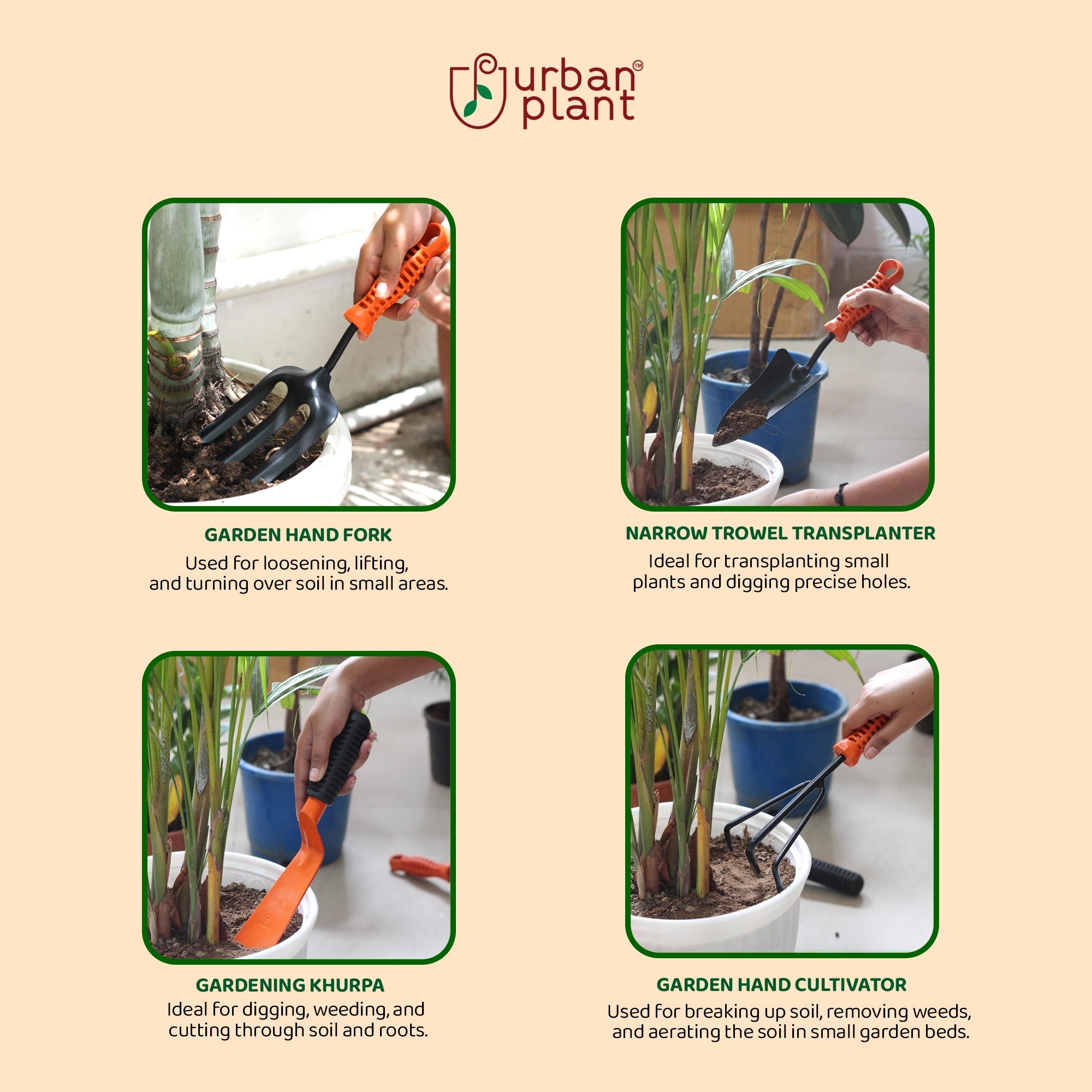 Urban Plant Essential Gardening Tools Kit - 7 Pcs [Khurpi, Cultivator, Fork, Trowel, Weeder, Pruner & Gloves] Urban Plant 