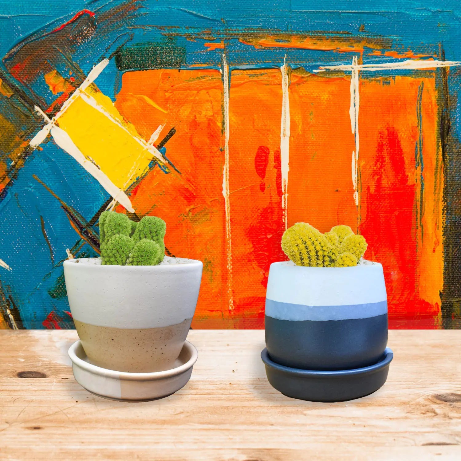 Dual Color Planter with Saucer Base Ceramic Planters Urban Plant Brown & Blue (Set of 2) 