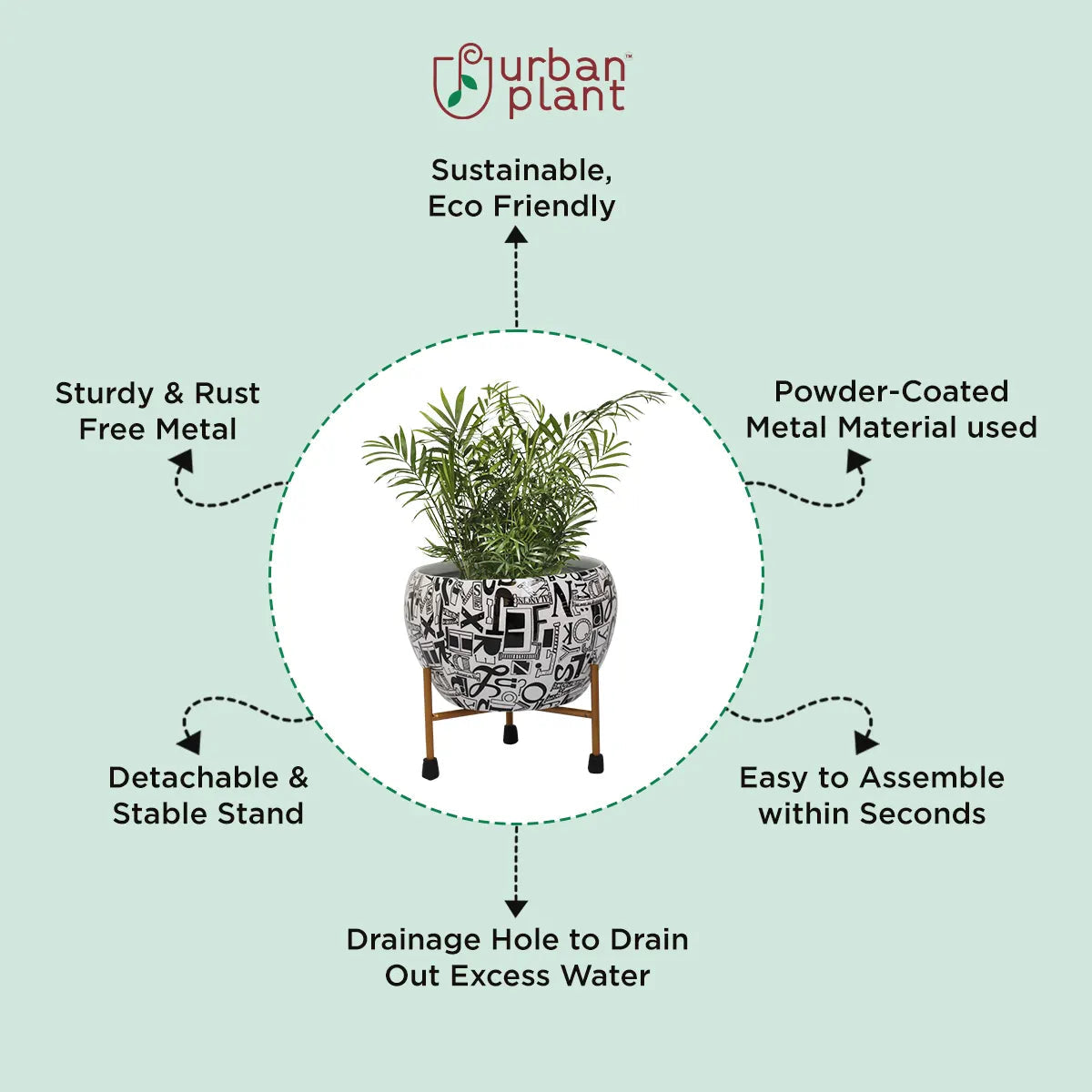 Designer Table-Top Metal Pot with Stand for Indoor and Outdoor Decor Metal Planter Urban Plant 