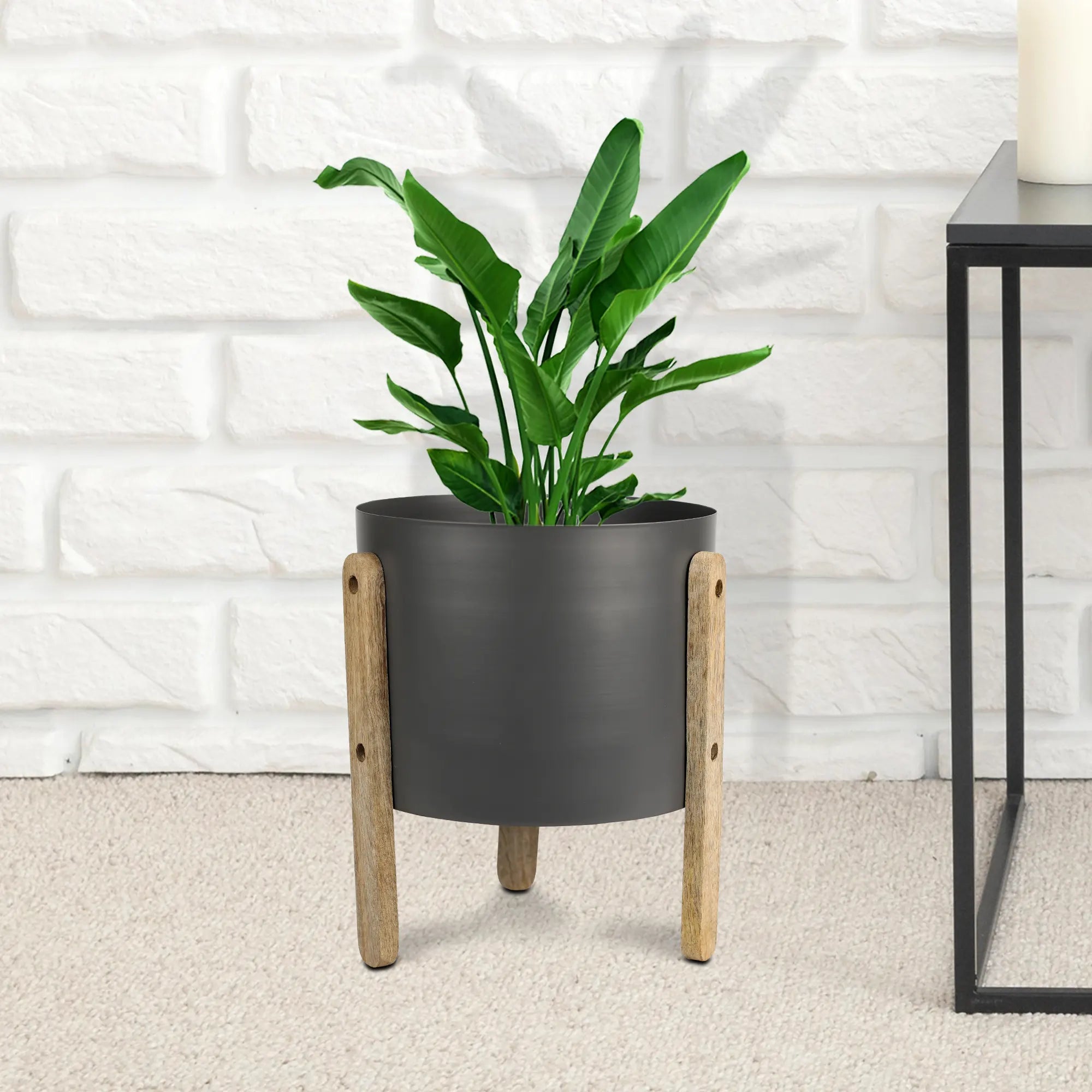 Low Height Metal Planters with Wooden Stand Urban Plant Grey 