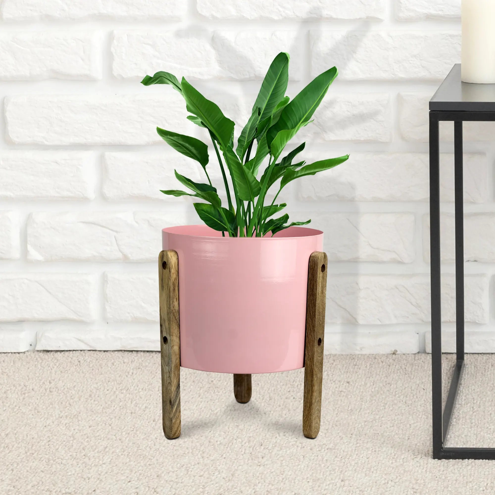 Low Height Metal Planters with Wooden Stand Urban Plant Pink 