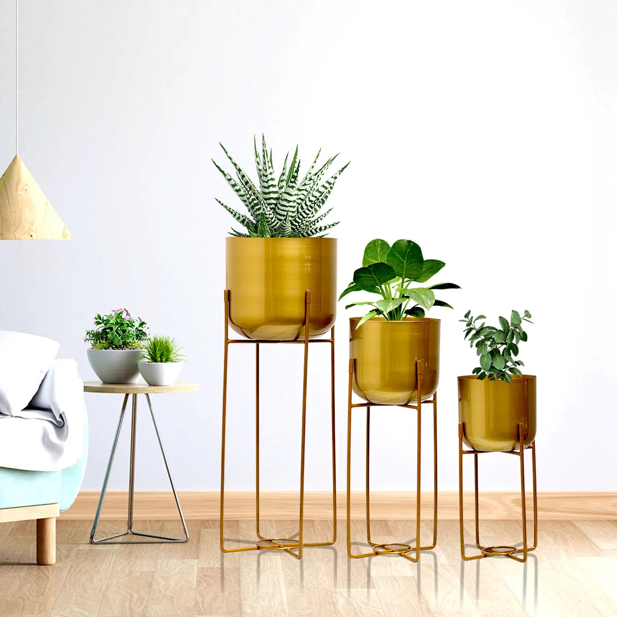 Indoor Golden Metal Planters with Stand (Set of 3) Metal Planter Urban Plant 