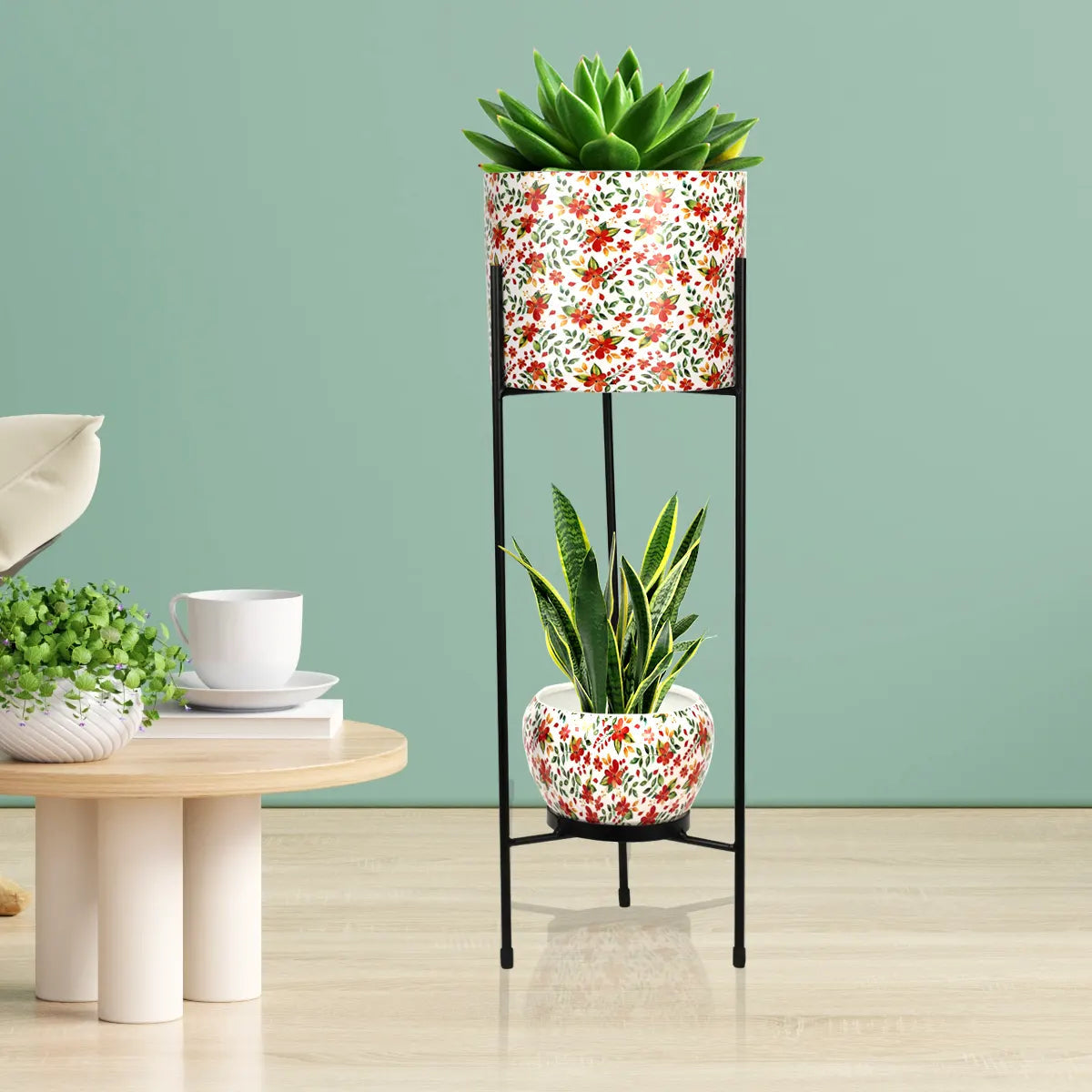 Round Metal Planters/Pots for Indoor Plants with Double Decker Stand Metal Planter Urban Plant Red Floral 