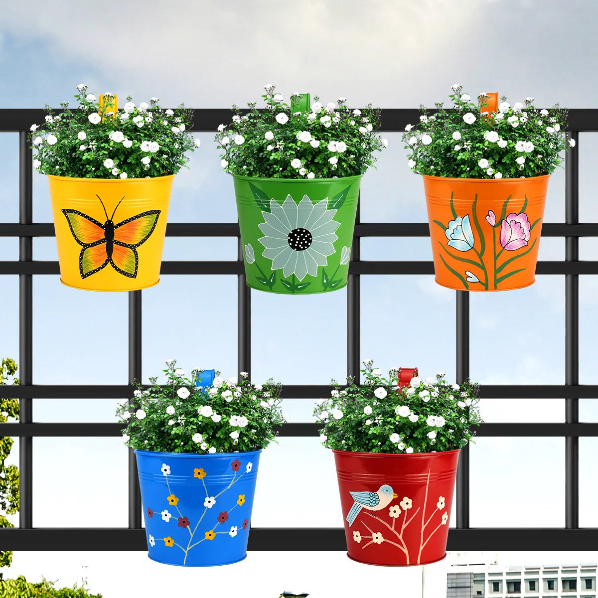 Colorful Round Shape Railing, Balcony Hanging Metal Planters (Multicolored) (Set of 5) Gardening Urban Plant 