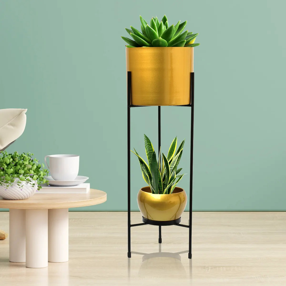 Round Metal Planters/Pots for Indoor Plants with Double Decker Stand Metal Planter Urban Plant Go Golden 