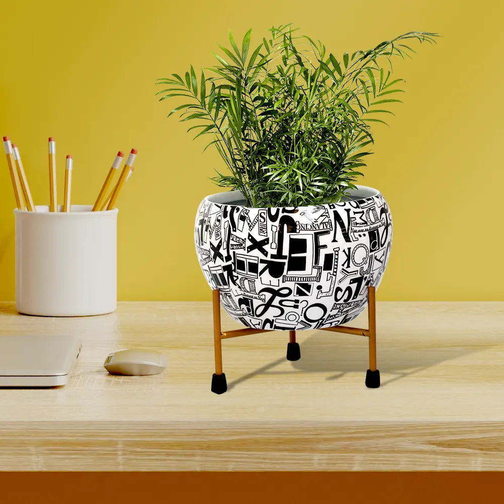 Designer Table-Top Metal Pot with Stand for Indoor and Outdoor Decor Metal Planter Urban Plant Laugh of Letters 