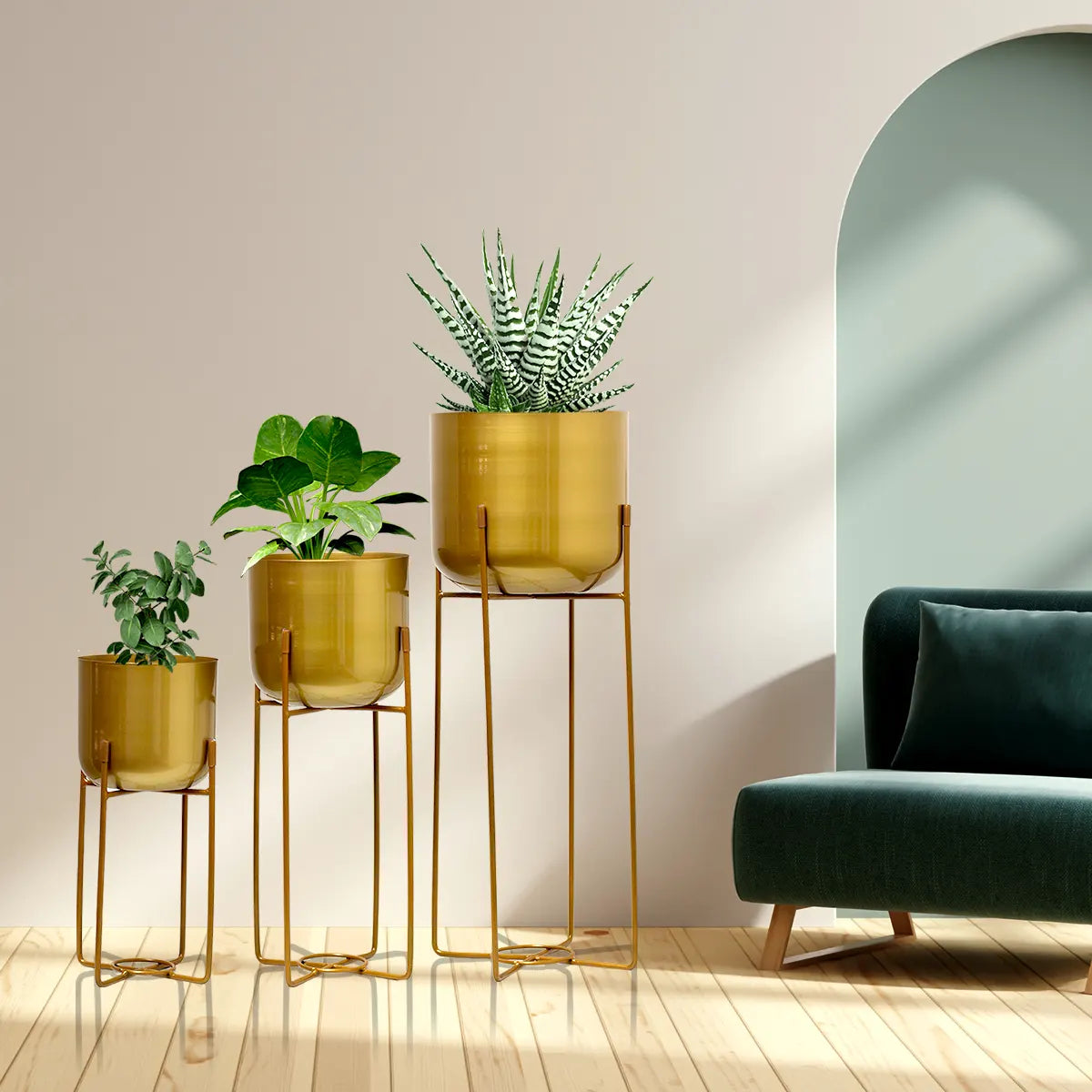 Indoor Golden Metal Planters with Stand (Set of 3) Metal Planter Urban Plant 