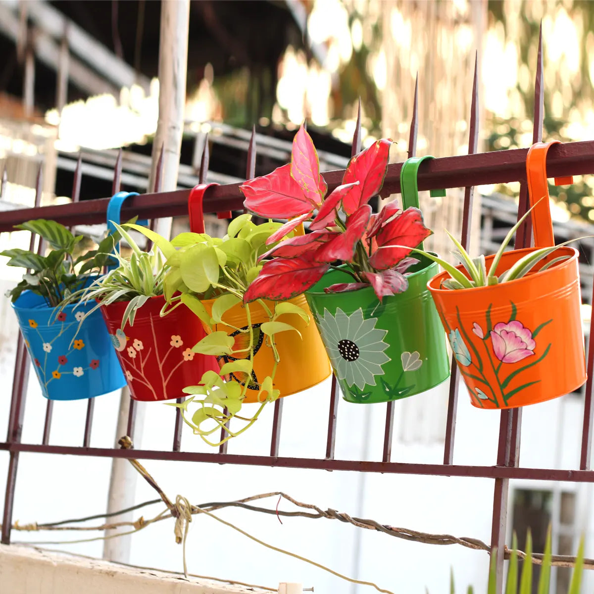 Colorful Round Shape Railing, Balcony Hanging Metal Planters (Multicolored) (Set of 5) Gardening Urban Plant 