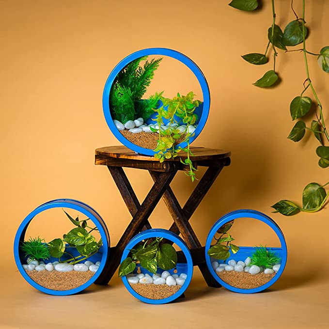 Buy Circular Wall Hanging Metal Planters Online-Set of 4 Wall Hanging Planter Urban Plant Blue 