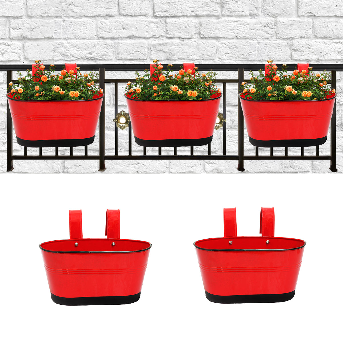 Hanging Planter Oval Shaped | Detachable Handle 10'' Inch (Multi Color) (Set of 5) Oval Balcony Hanging Pot Urban Plant Red 